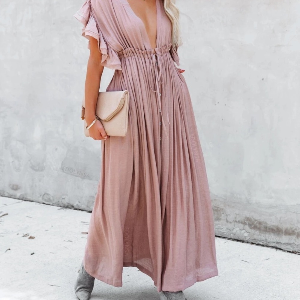 Light Dusty Pink Gauze Boho Button Maxi Coverup Dress - Picture 8 of 10